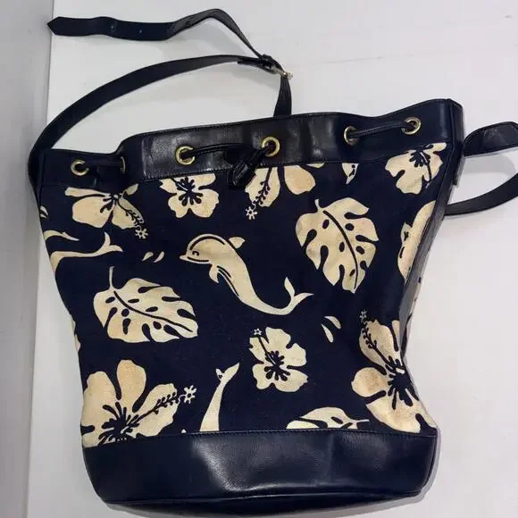 VTG ESCADA Nautical Dolphin Floral Blue Leather Drawstring Bucket Bag Crossbody - Picture 14 of 15